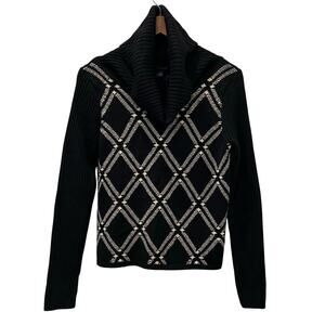 Ann Taylor Italian Merino Wool Argyle Cowl Neck Sweater Black White Medium